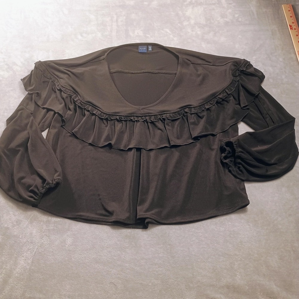 Kaari Blue Blouse Womens XL Black Ruffle Scoop Neck Long Balloon‎ Sleeve Top